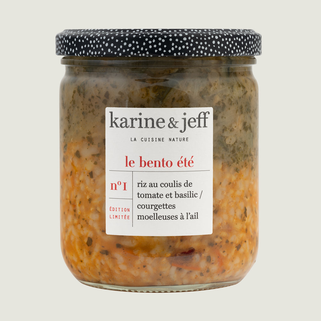 Riz au coulis de tomate et basilic / courgettes moelleuses à l'ail