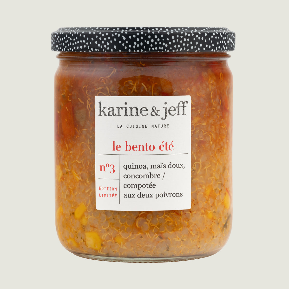 Quinoa, maïs doux, concombre / compotée aux deux poivrons
